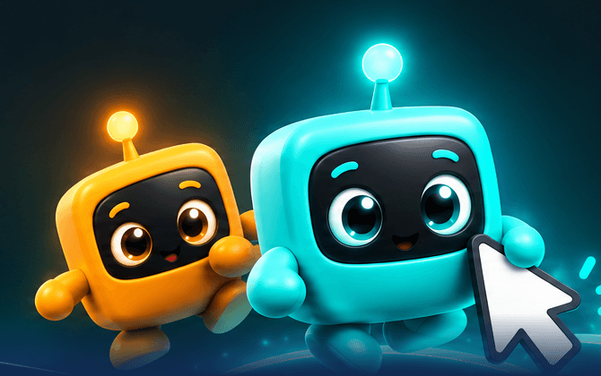 Bob the teal robot and his amber twin passing a cursor between them